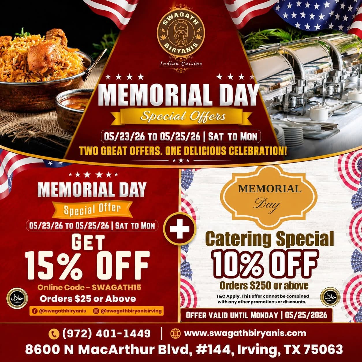 Memorial Day Special Offers: 15% off on orders $25 or above with code SWAGATH15, plus 10% off catering orders $250 or above. Valid 05/23/26 to 05/25/26.
