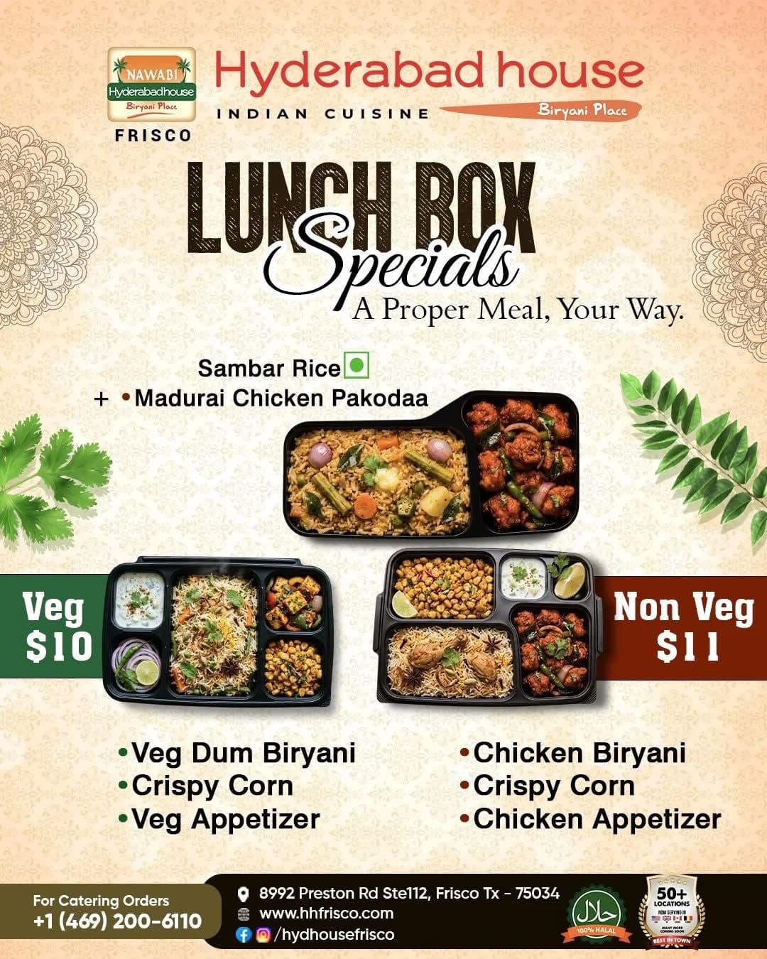 Lunch Box Specials: Veg Lunch Box for $10 (includes Veg Dum Biryani, Crispy Corn, Veg Appetizer) and Non-Veg Lunch Box for $11 (includes Chicken Biryani, Crispy Corn, Chicken Appetizer). Also features Sambar Rice + Madurai Chicken Pakodaa.