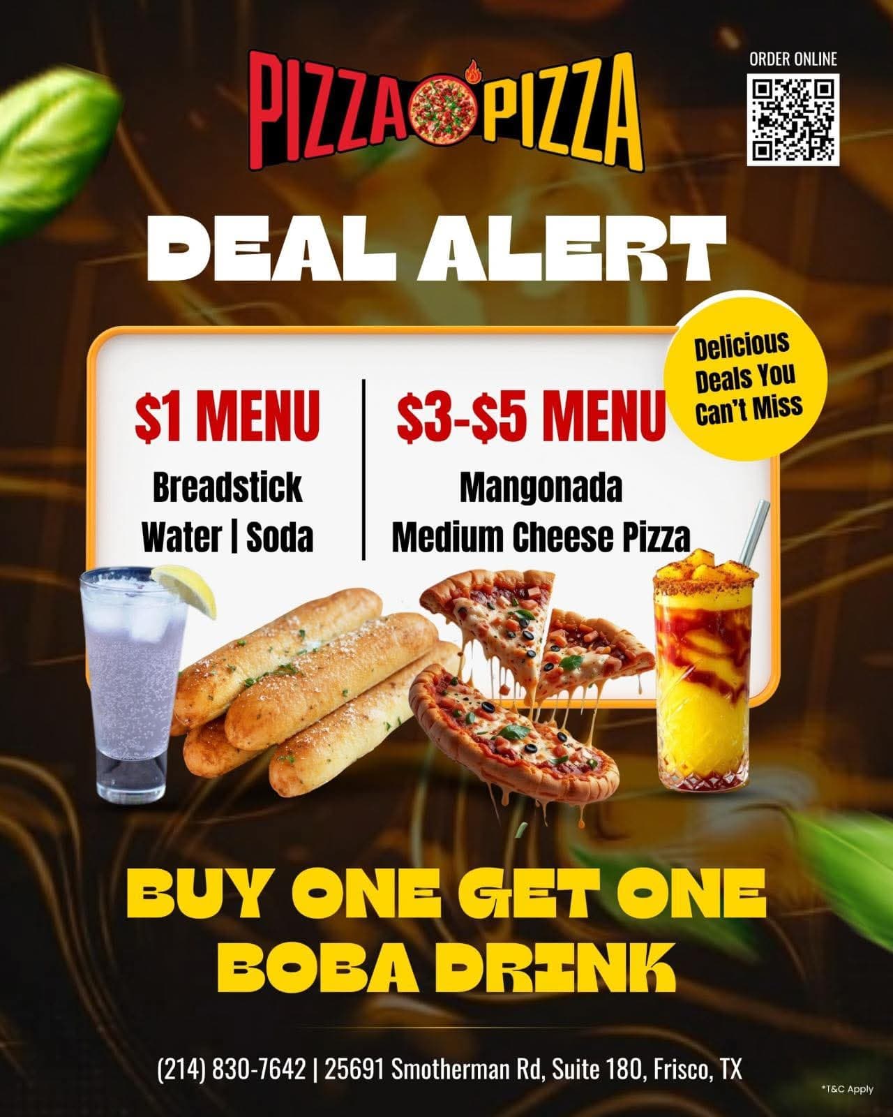 $1 menu (breadstick, water, soda), $3-$5 menu (mangonada, medium cheese pizza), and Buy One Get One Boba Drink deal