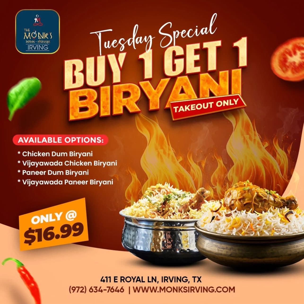 Tuesday Special: Buy 1 Get 1 Biryani for $16.99 (Takeout Only). Options include Chicken Dum Biryani, Vijayawada Chicken Biryani, Paneer Dum Biryani, and Vijayawada Paneer Biryani.