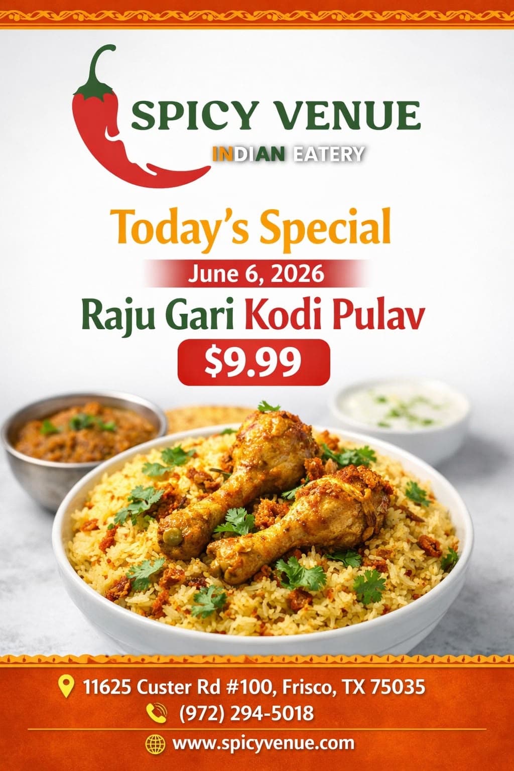 Today's Special (June 6, 2026): Raju Gari Kodi Pulav for $9.99