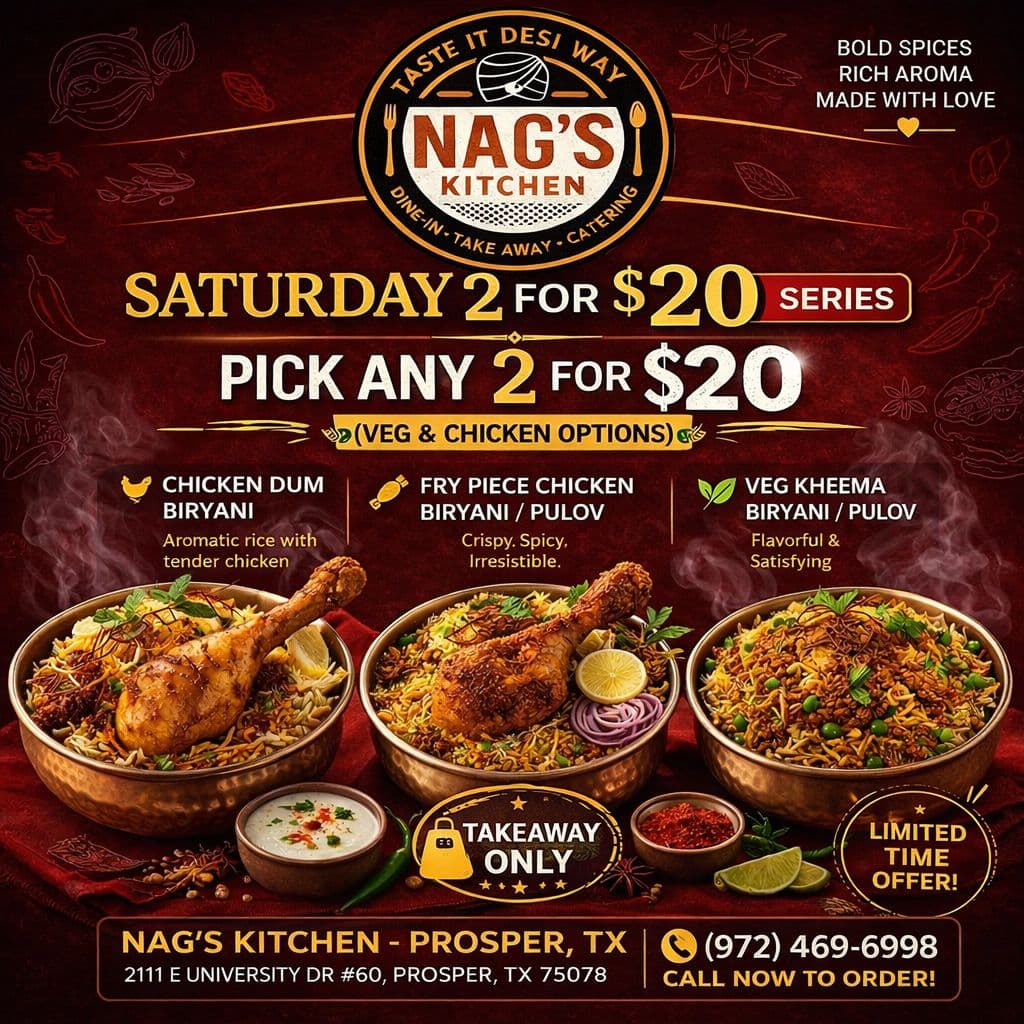 Saturday 2 for $20: Pick any 2 (Veg & Chicken options) - Takeaway Only. Options include Chicken Dum Biryani, Fry Piece Chicken Biryani / Pulav, and Veg Kheema Biryani / Pulav.