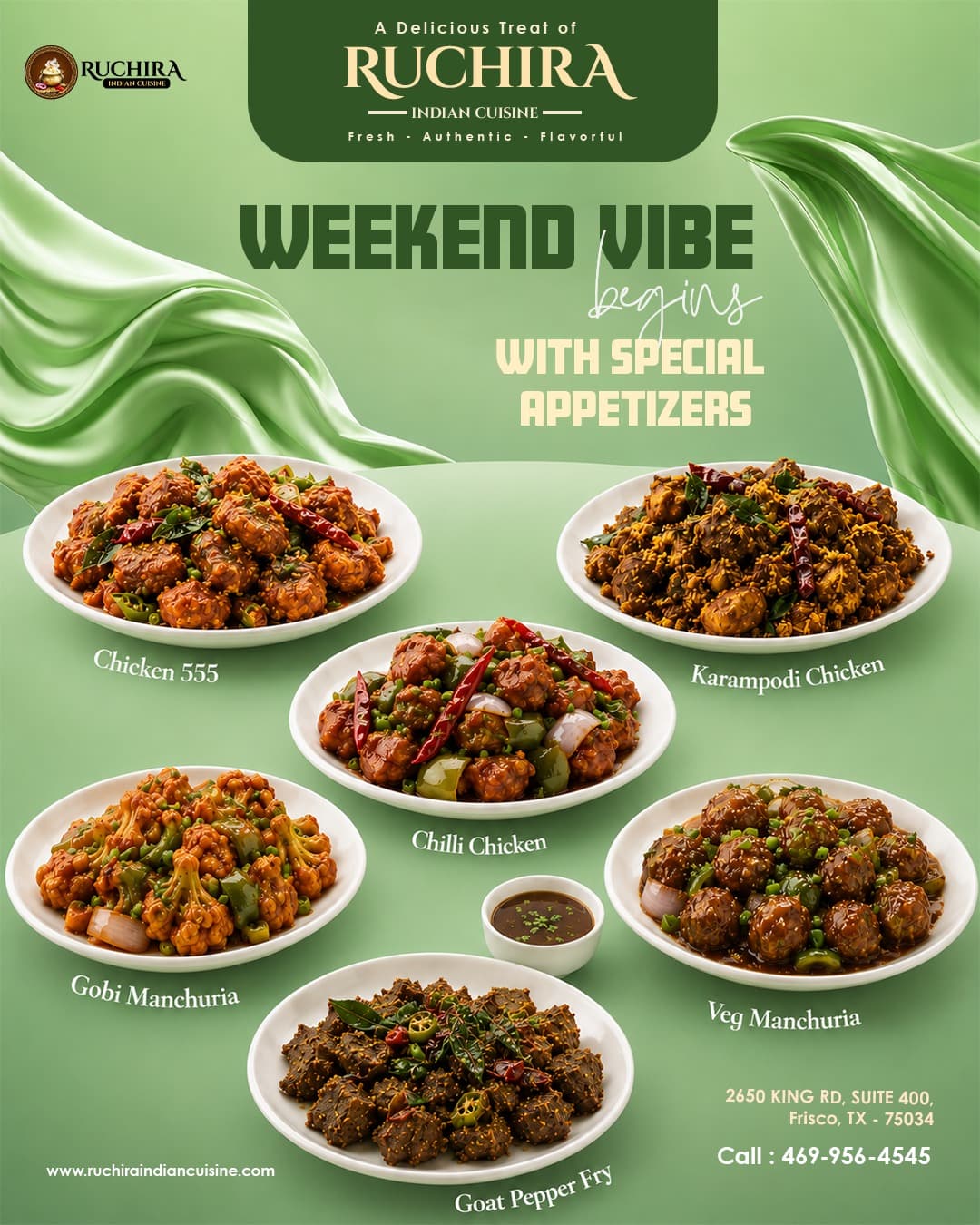 Weekend Vibe special appetizers featuring Chicken 555, Karampodi Chicken, Chilli Chicken, Gobi Manchuria, Veg Manchuria, and Goat Pepper Fry.