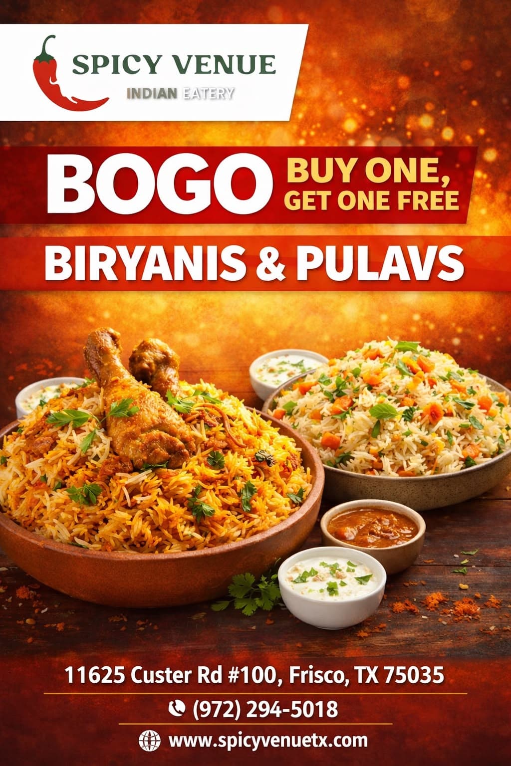 Buy One, Get One Free (BOGO) on Biryanis & Pulavs