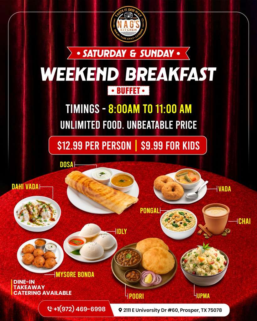Weekend Breakfast Buffet for $12.99 per person ($9.99 for kids) from 8:00 AM to 11:00 AM.
