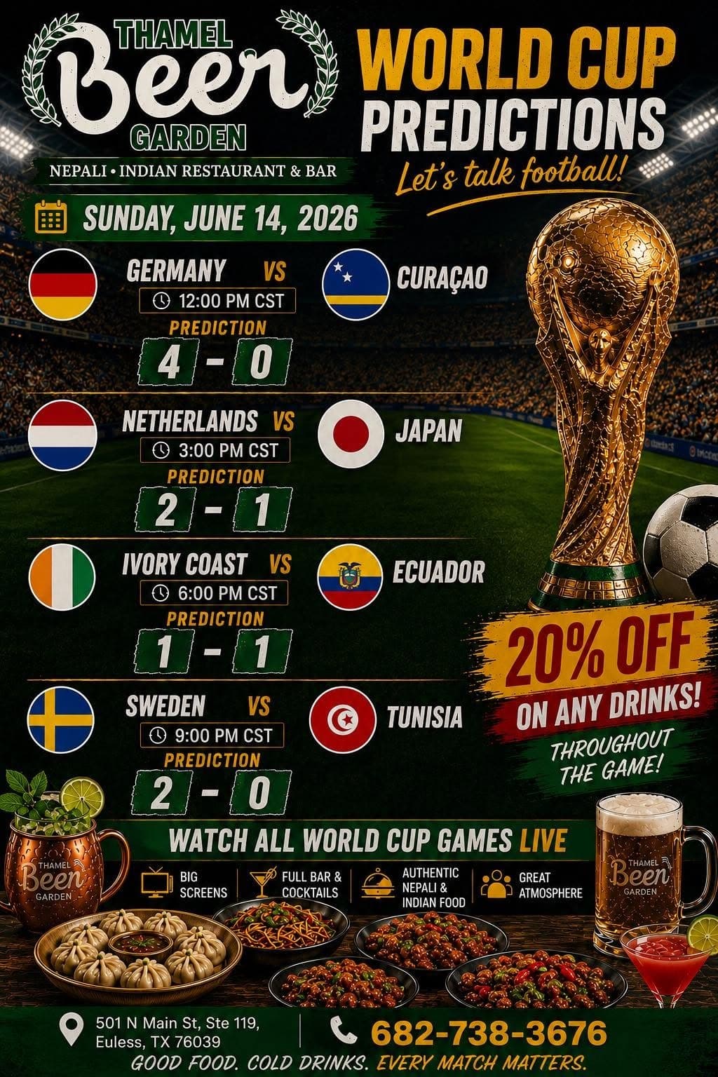 20% off on any drinks throughout the games on Sunday, June 14, 2026