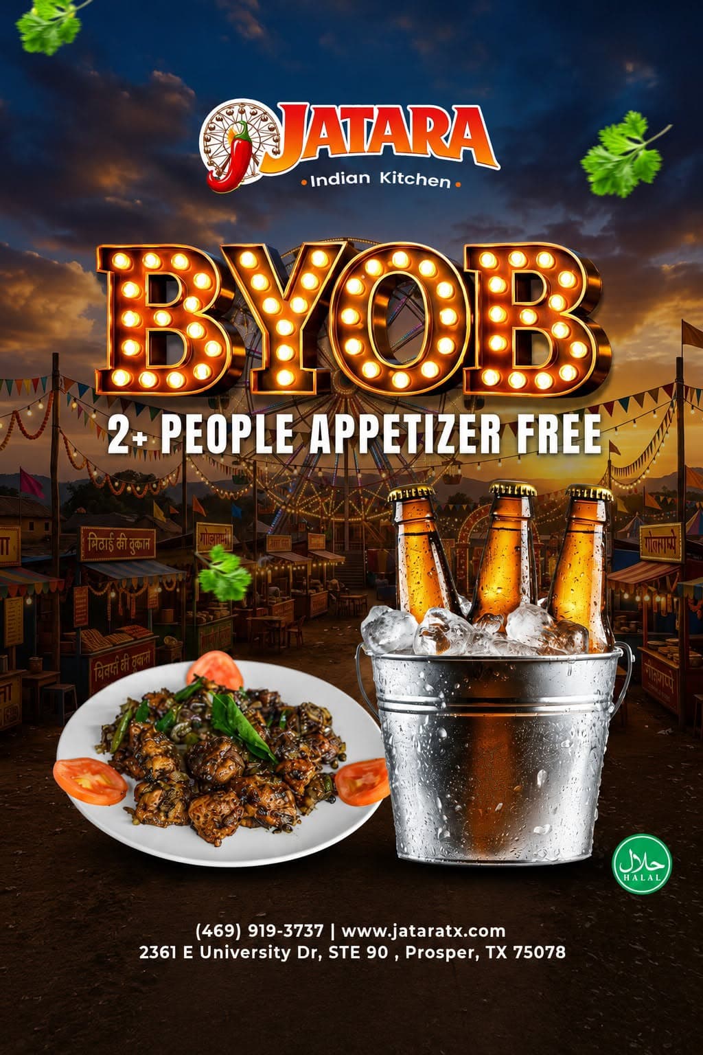 BYOB promotion: Groups of 2 or more people get a free appetizer.