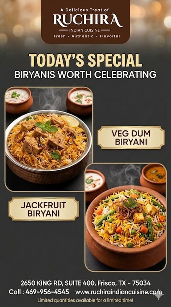 Today's Special Biryanis featuring Veg Dum Biryani and Jackfruit Biryani