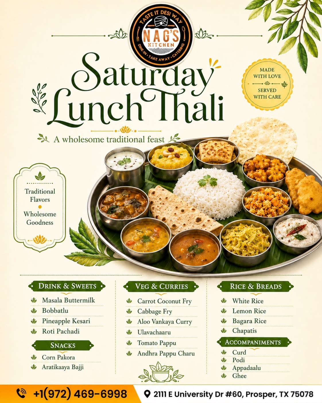 Saturday Lunch Thali - A wholesome traditional feast featuring a curated menu of drinks, sweets, snacks, veg curries, rice, breads, and accompaniments.