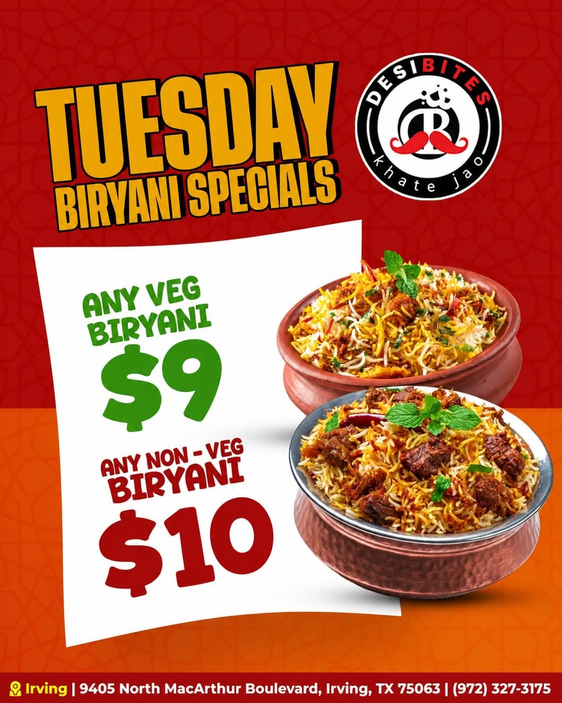 Tuesday Biryani Specials: Any Veg Biryani for $9 and Any Non-Veg Biryani for $10
