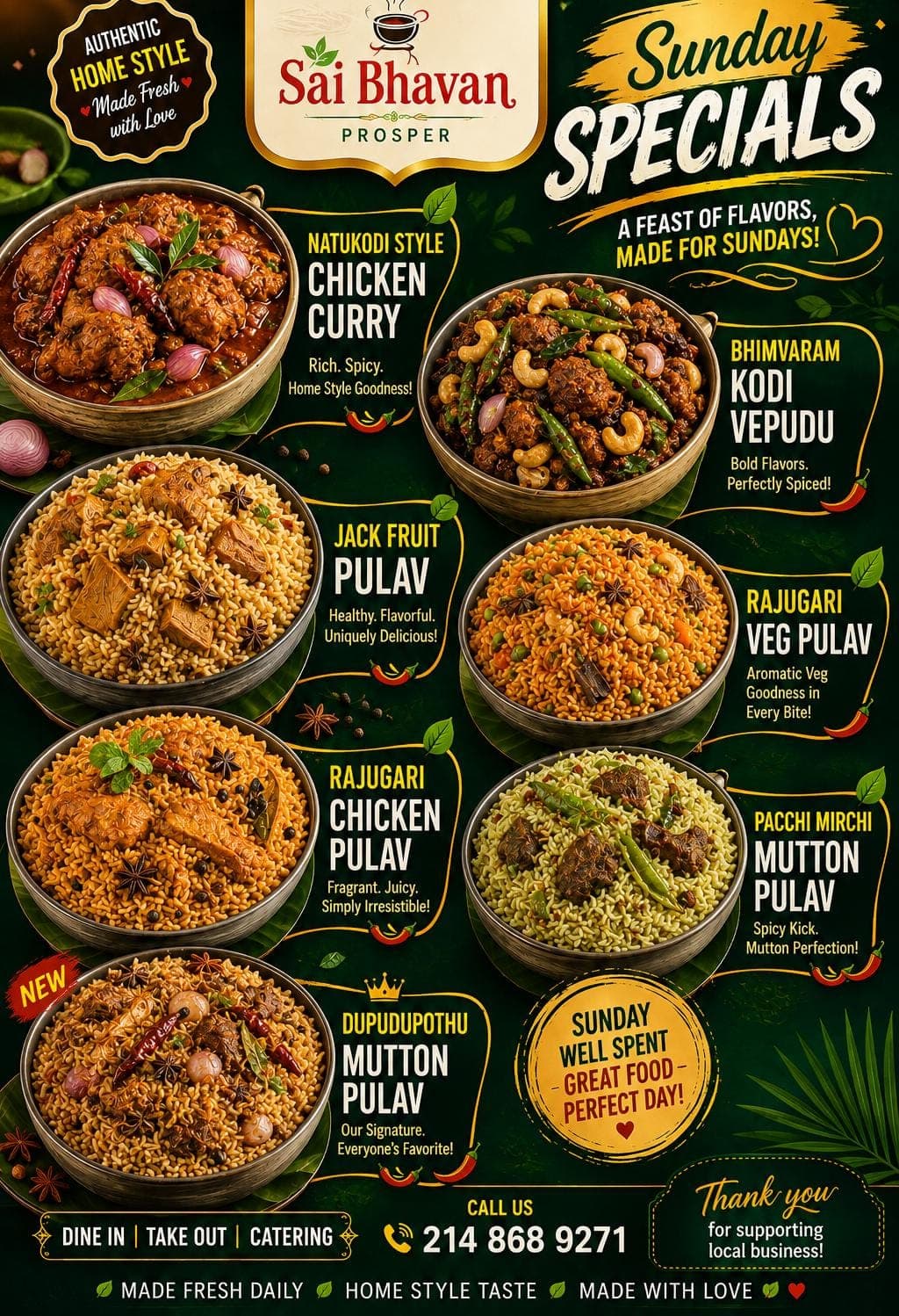 Sunday Specials featuring specialized authentic home-style Indian dishes including various Pulavs, Chicken Curry, and Kodi Vepudu.