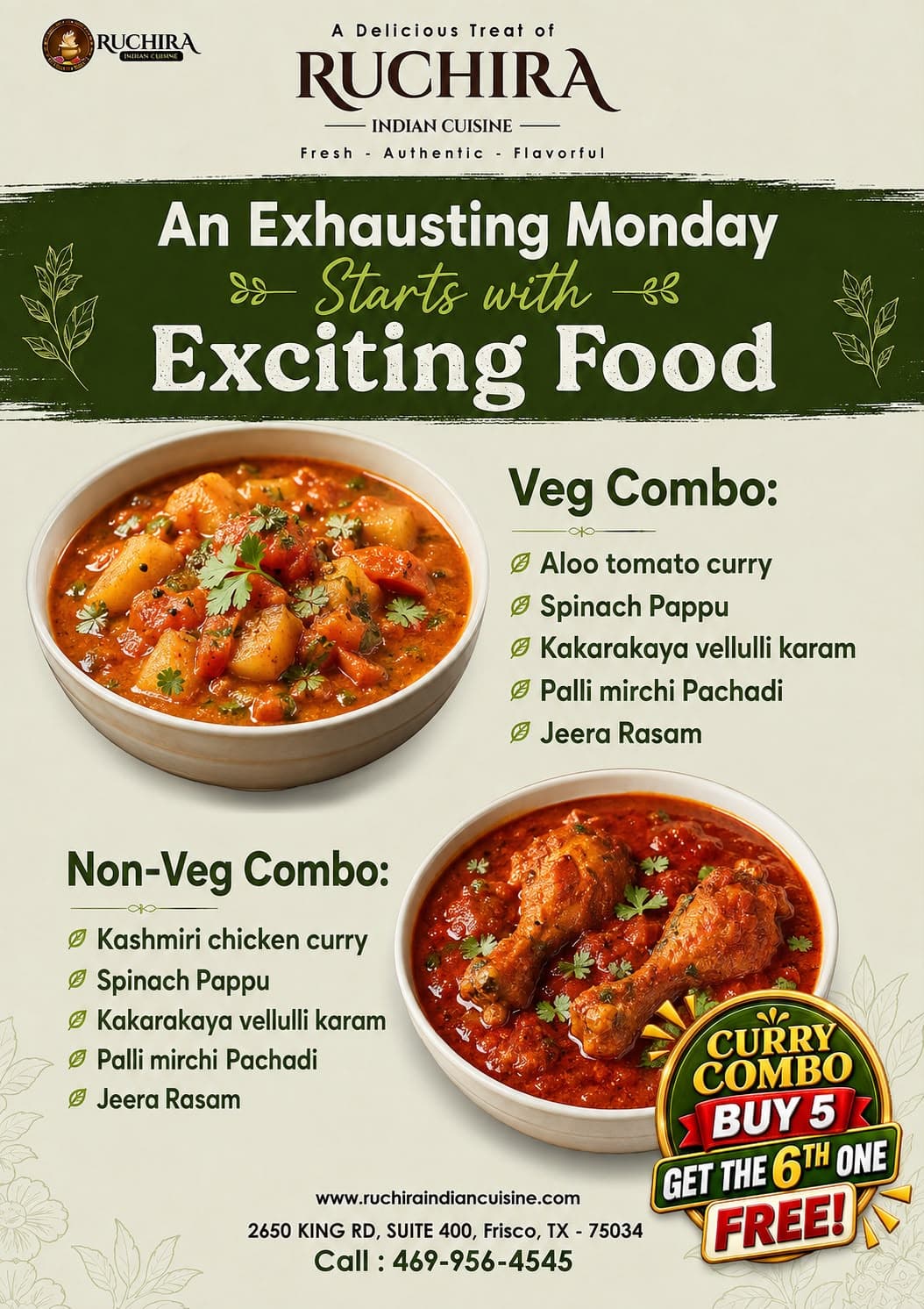 Curry Combo Buy 5 Get the 6th One FREE! Available in Veg and Non-Veg combo options.