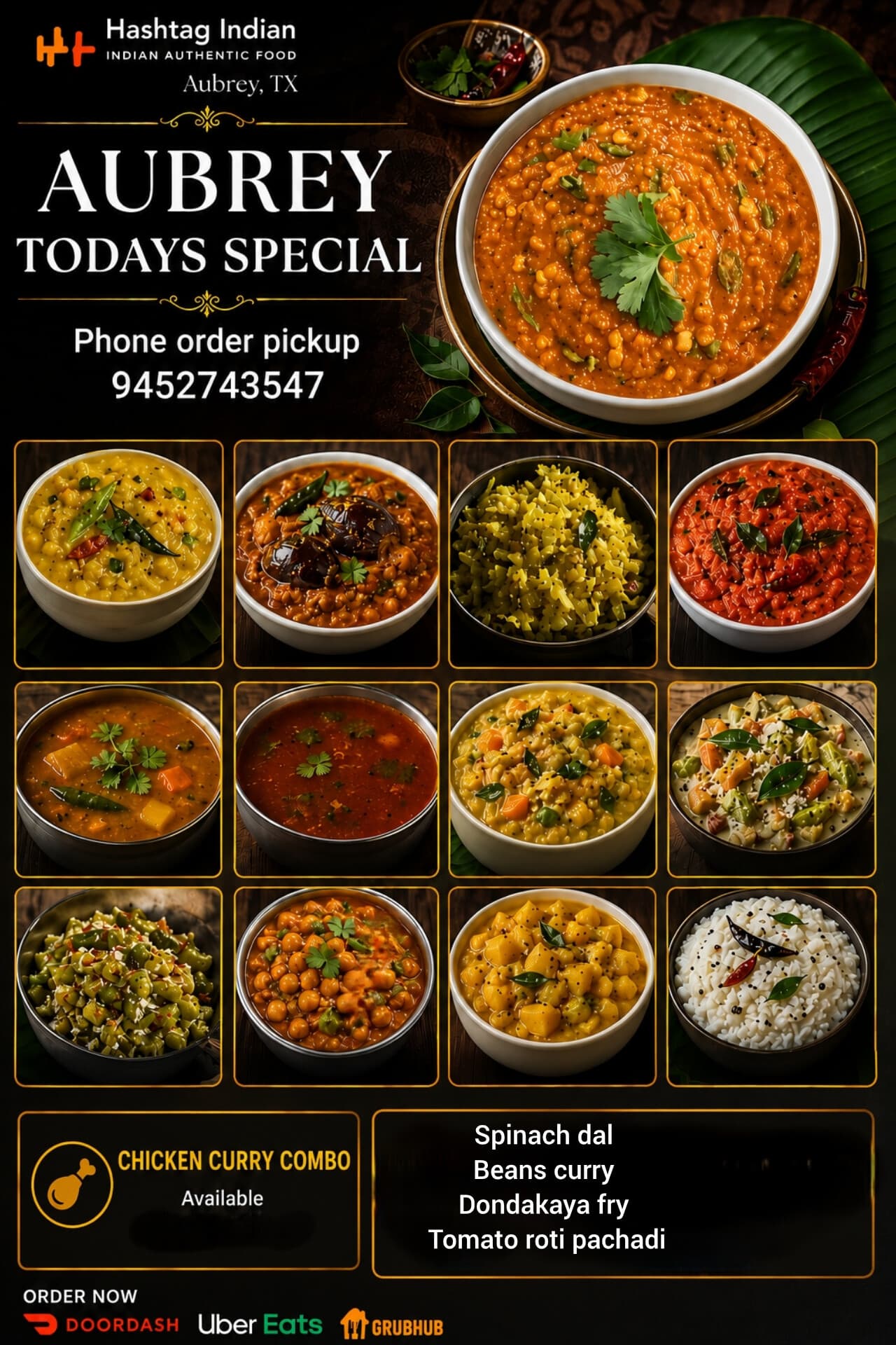 Today's specials including Chicken Curry Combo, Spinach dal, Beans curry, Dondakaya fry, and Tomato roti pachadi