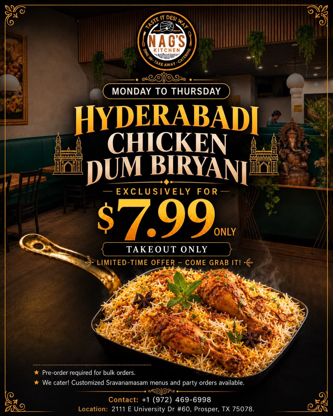 Hyderabadi Chicken Dum Biryani for $7.99 (Takeout only, Monday to Thursday)