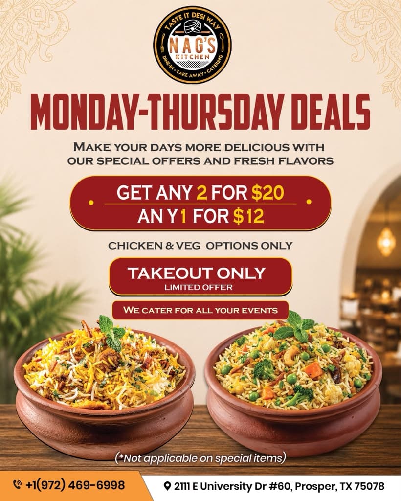 Get any 2 chicken or veg options for $20, or any 1 for $12. Takeout only, available Monday through Thursday.