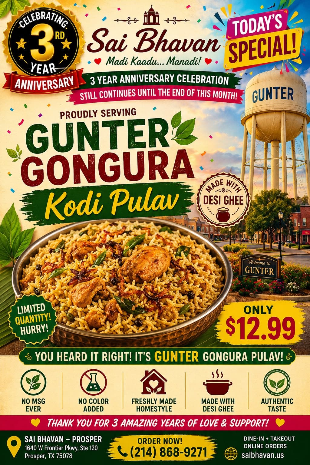 Gunter Gongura Kodi Pulav made with Desi Ghee for $12.99 in celebration of their 3rd year anniversary.
