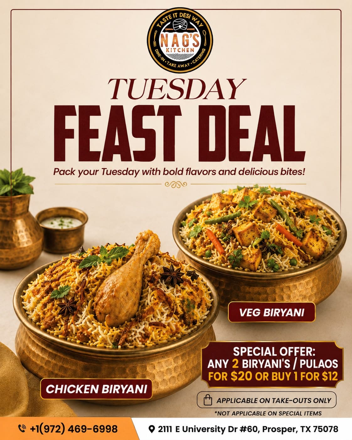 Tuesday tastes better with biryani! 😋🔥 Grab any 2 Biryanis/Pulaos for $20 or 1 for $12 at Nag’s Kitchen! 🍗🍚✨