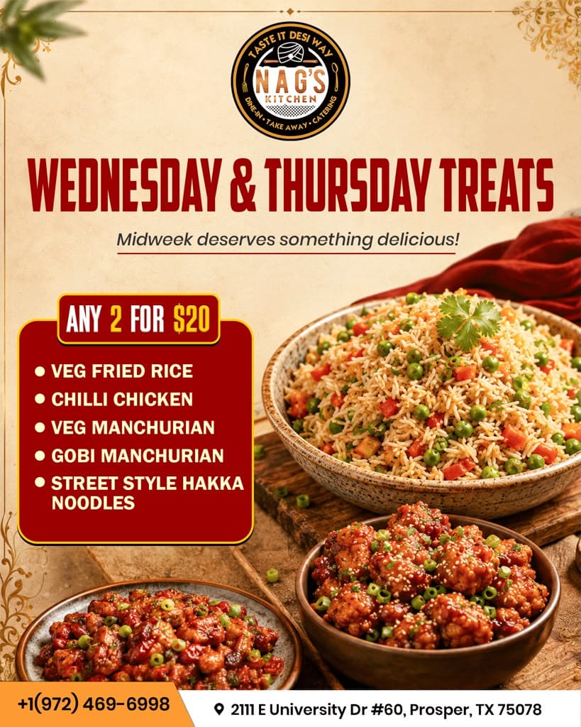 Choose any 2 dishes for $20. Options include Veg Fried Rice, Chilli Chicken, Veg Manchurian, Gobi Manchurian, and Street Style Hakka Noodles.