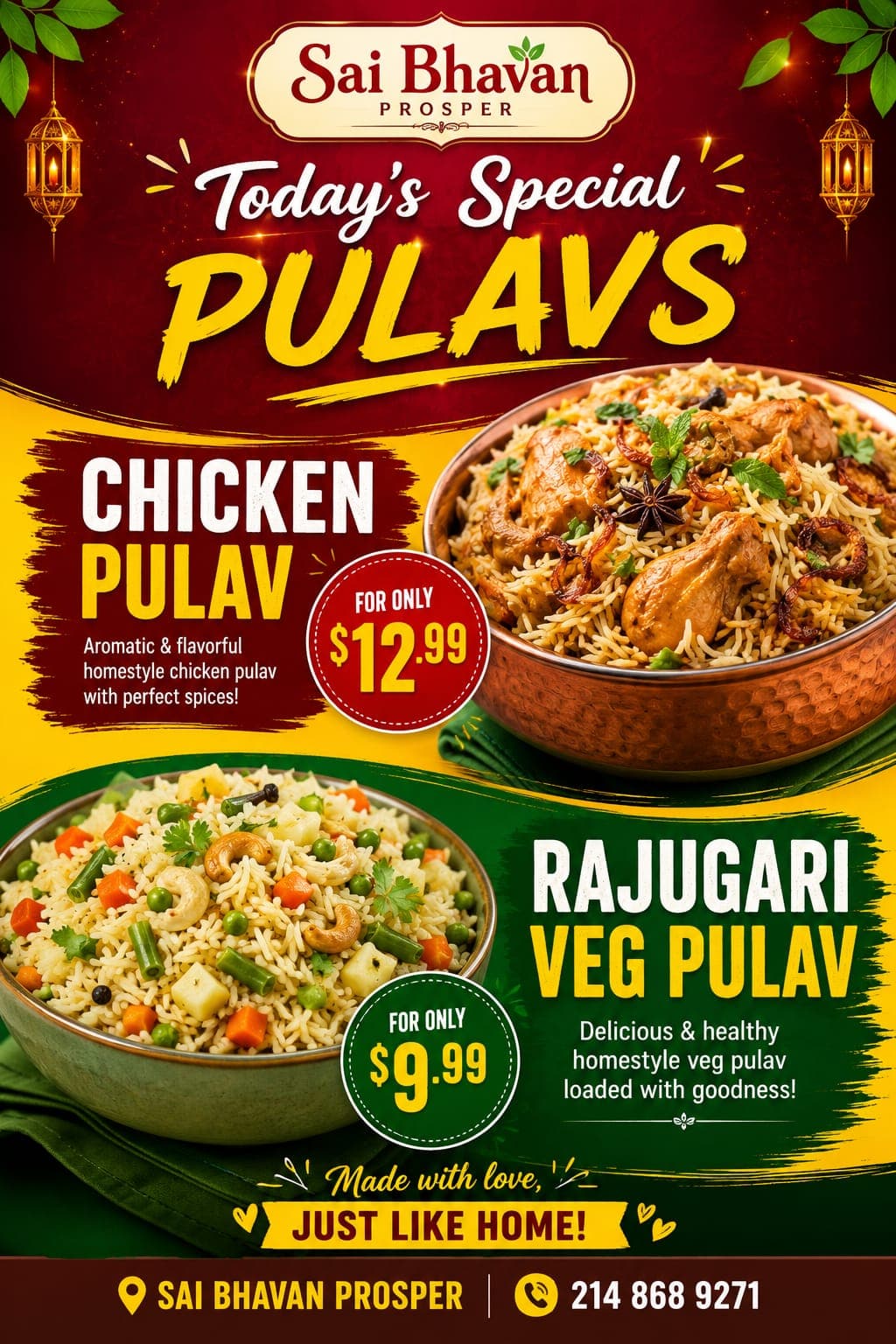Today's Special Pulavs featuring Chicken Pulav for $12.99 and Rajugari Veg Pulav for $9.99.