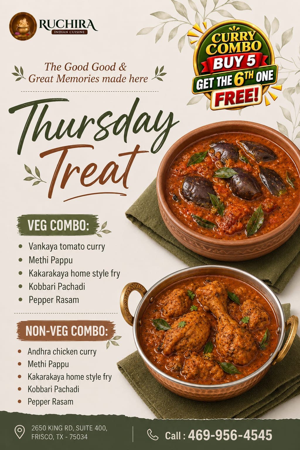 Thursday Treat Curry Combo: Buy 5, Get the 6th One Free! Veg and Non-Veg combo options available.