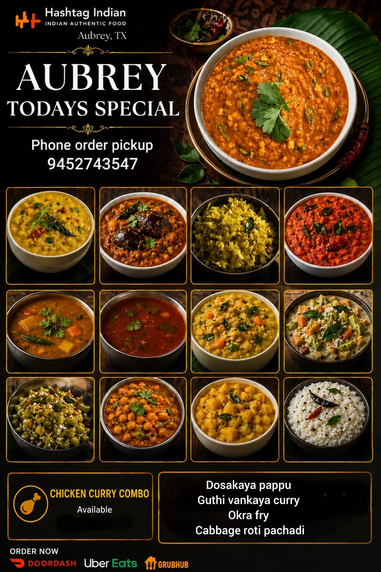 Today's Special featuring Chicken Curry Combo and a selection of daily curries including Dosakaya pappu, Guthi vankaya curry, Okra fry, and Cabbage roti pachadi.