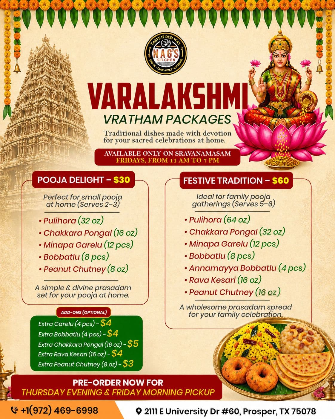 Varalakshmi Vratham Packages: Pooja Delight ($30, serves 2-3) and Festive Tradition ($60, serves 5-6) traditional prasadam sets.