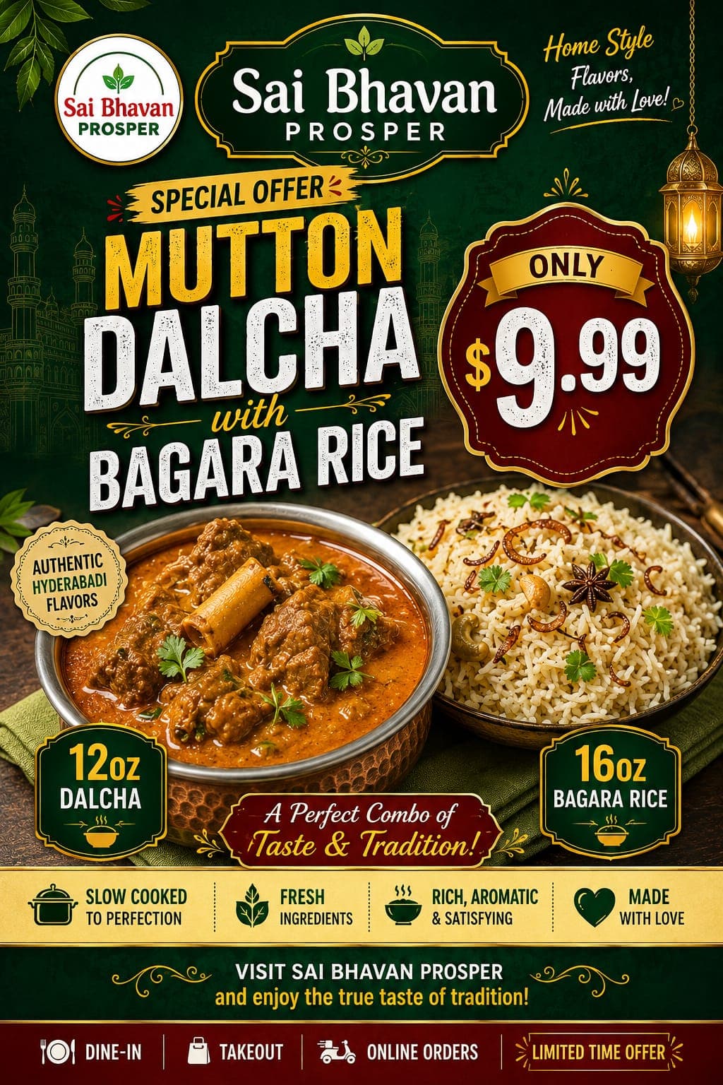 Mutton Dalcha (12oz) with Bagara Rice (16oz) for $9.99