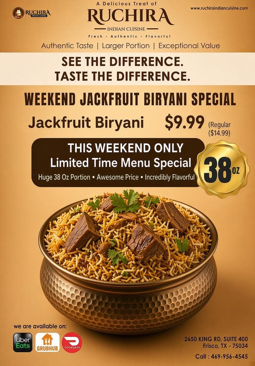 Weekend Jackfruit Biryani Special: 38 Oz portion of Jackfruit Biryani for $9.99 (Regular price $14.99).