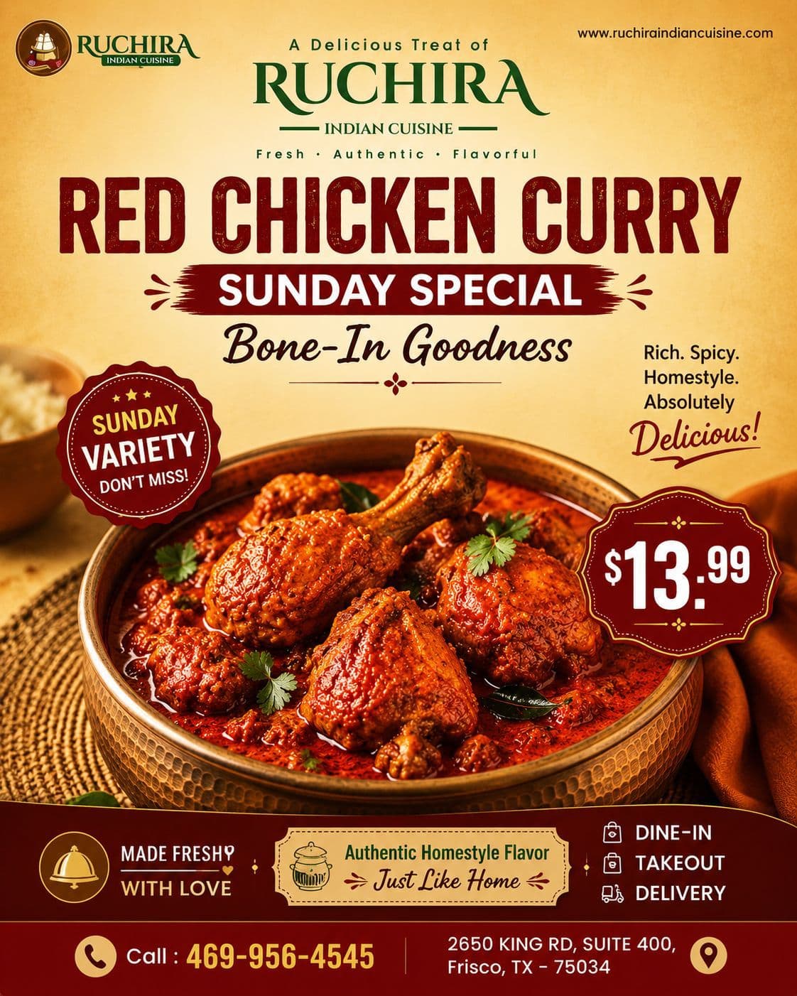Sunday Special: Bone-In Red Chicken Curry for $13.99.