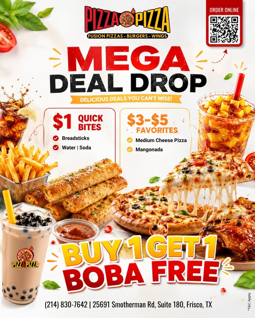 PizzaOPizza, Meat Magic pizza, Boba, Burgers, Wings, Rice Bowls deal