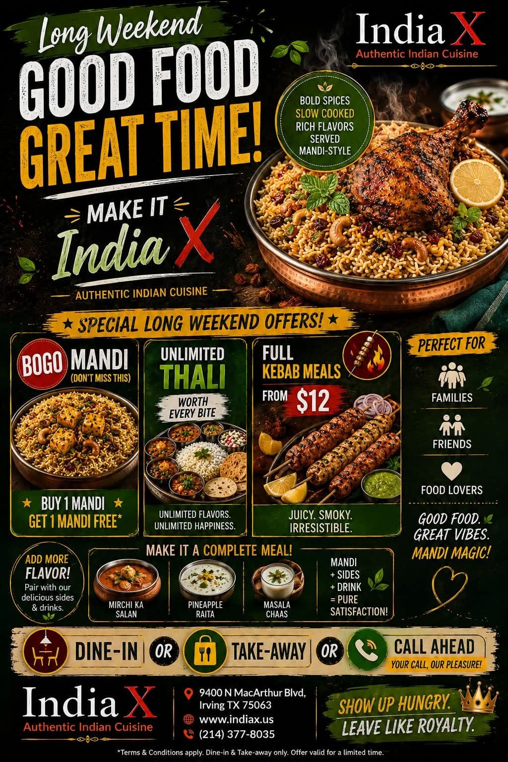 Special Long Weekend Offers: BOGO Mandi (Buy 1 Get 1 Free), Unlimited Thali, Full Kebab Meals from $12