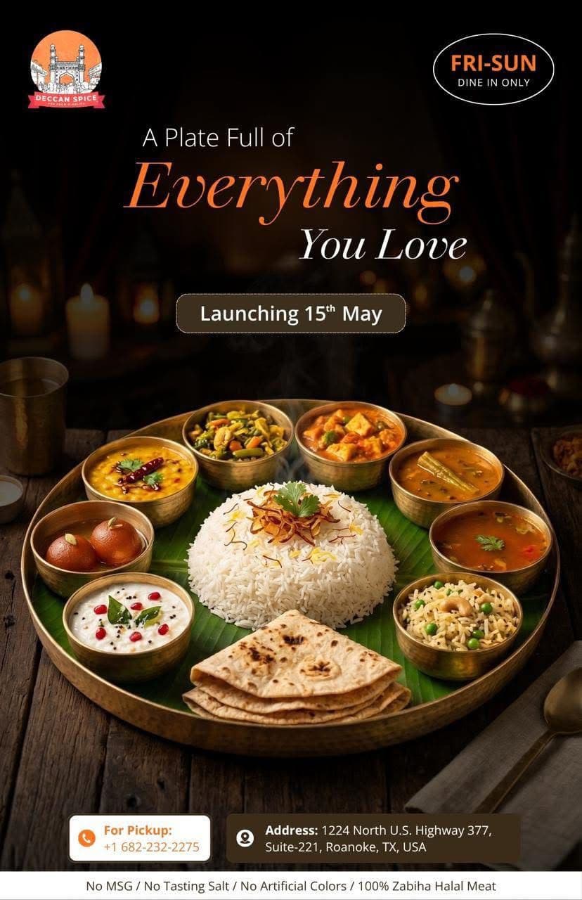 A Plate Full of Everything (Thali platter) available Friday to Sunday, Dine in only. Launching 15th May.