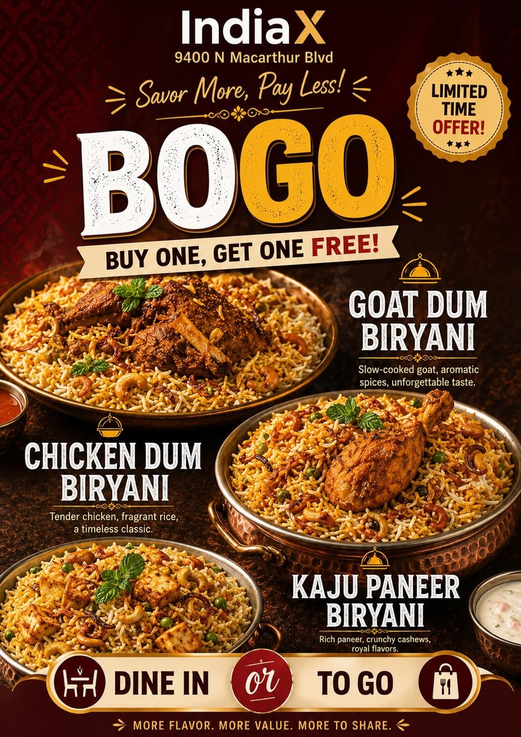BOGO (Buy One, Get One Free) on Biryani - Goat Dum Biryani, Chicken Dum Biryani, and Kaju Paneer Biryani. Limited time offer for dine in or to go.