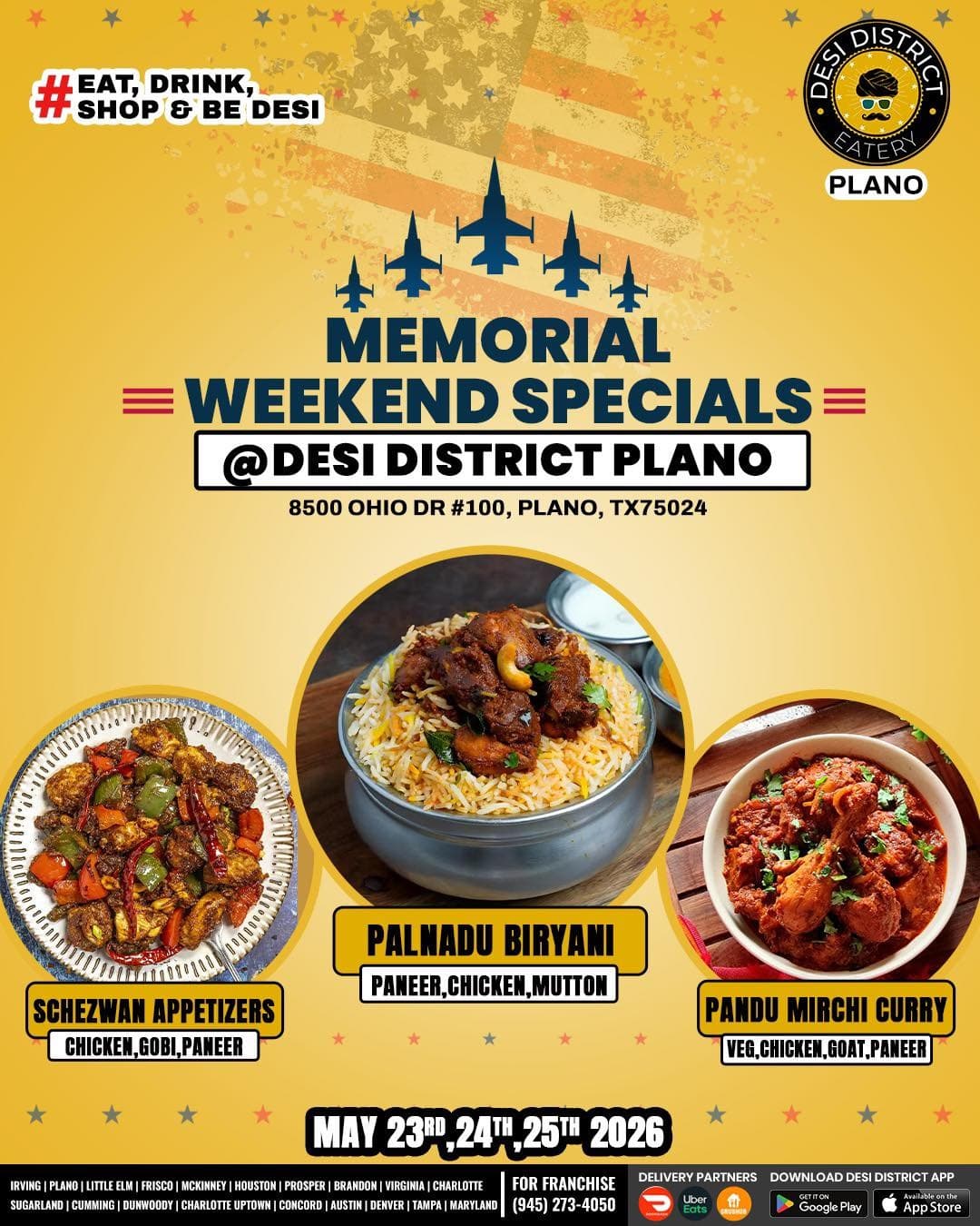 Memorial Weekend Specials featuring Schezwan Appetizers, Palnadu Biryani, and Pandu Mirchi Curry available May 23rd-25th, 2026