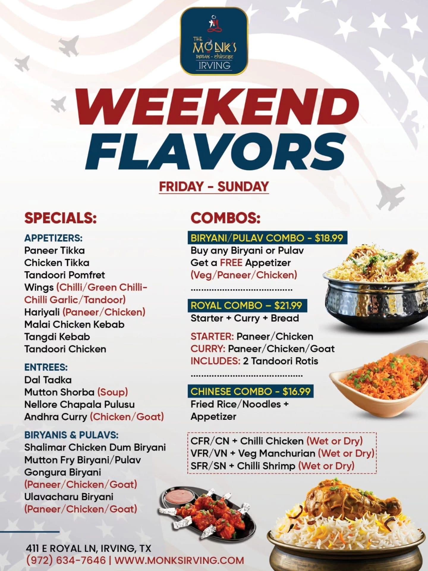 Weekend Flavors special combos and deals from Friday to Sunday, featuring Biryani/Pulav Combo with a free appetizer for $18.99, Royal Combo for $21.99, and Chinese Combo for $16.99.