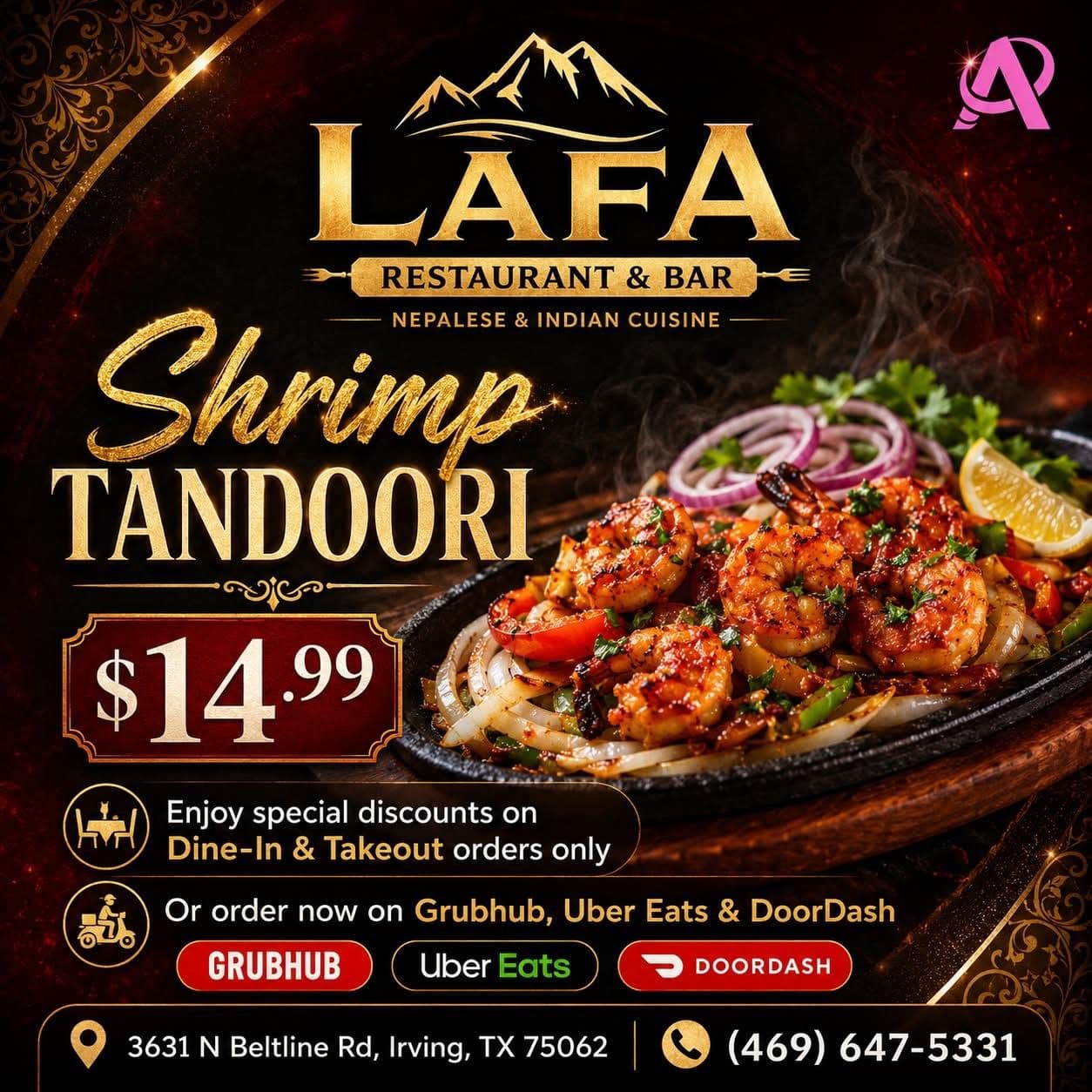 Shrimp Tandoori for $14.99 with special discounts on Dine-In and Takeout orders