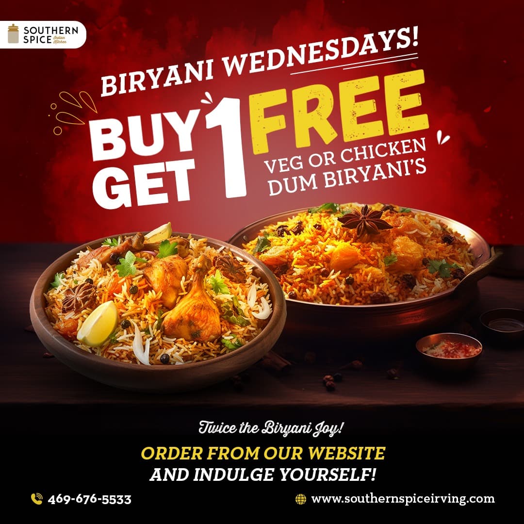 Buy 1 Get 1 Free on Veg or Chicken Dum Biryani every Wednesday