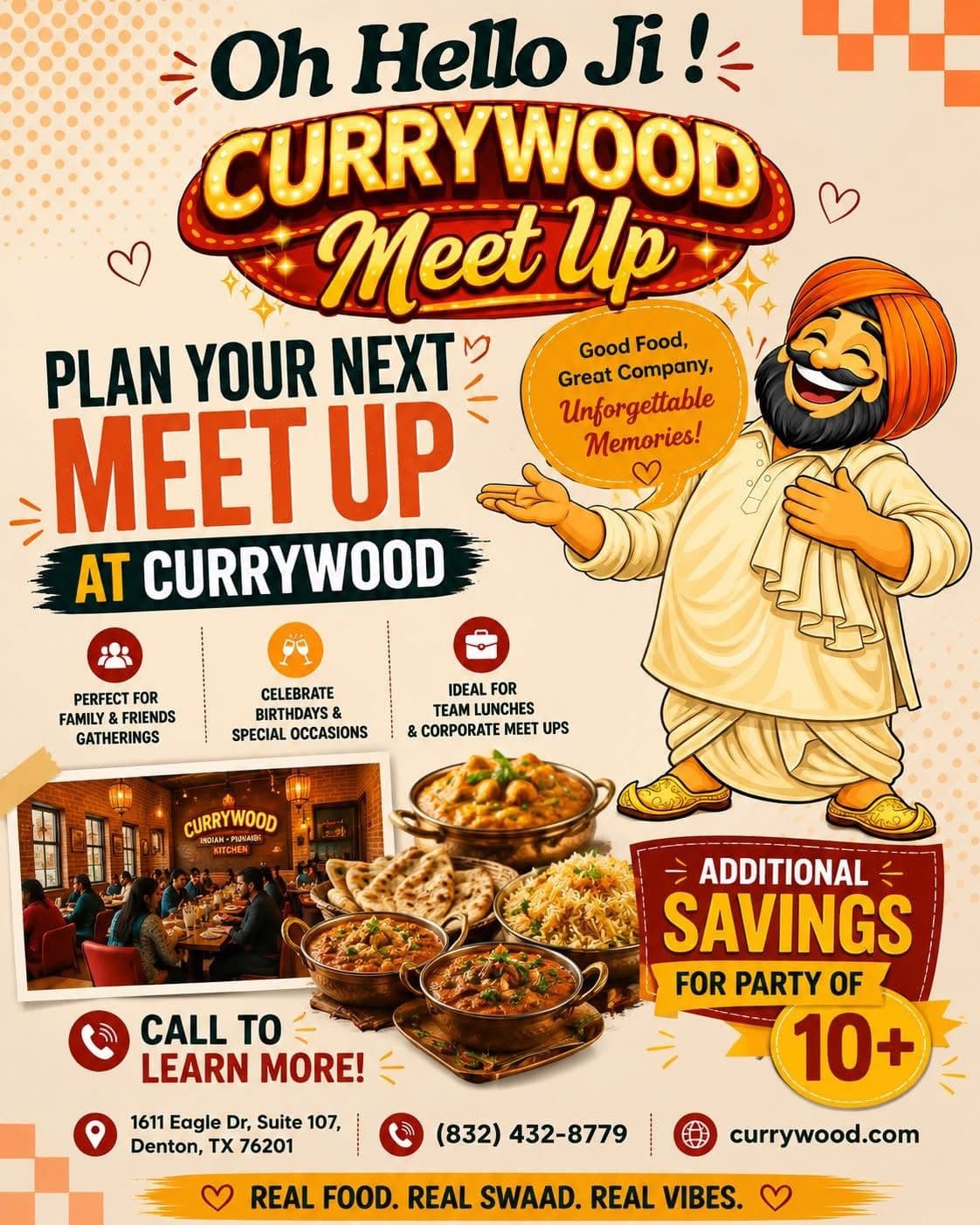 Additional savings for party of 10+ for meetups, family gatherings, birthdays, special occasions, and corporate events