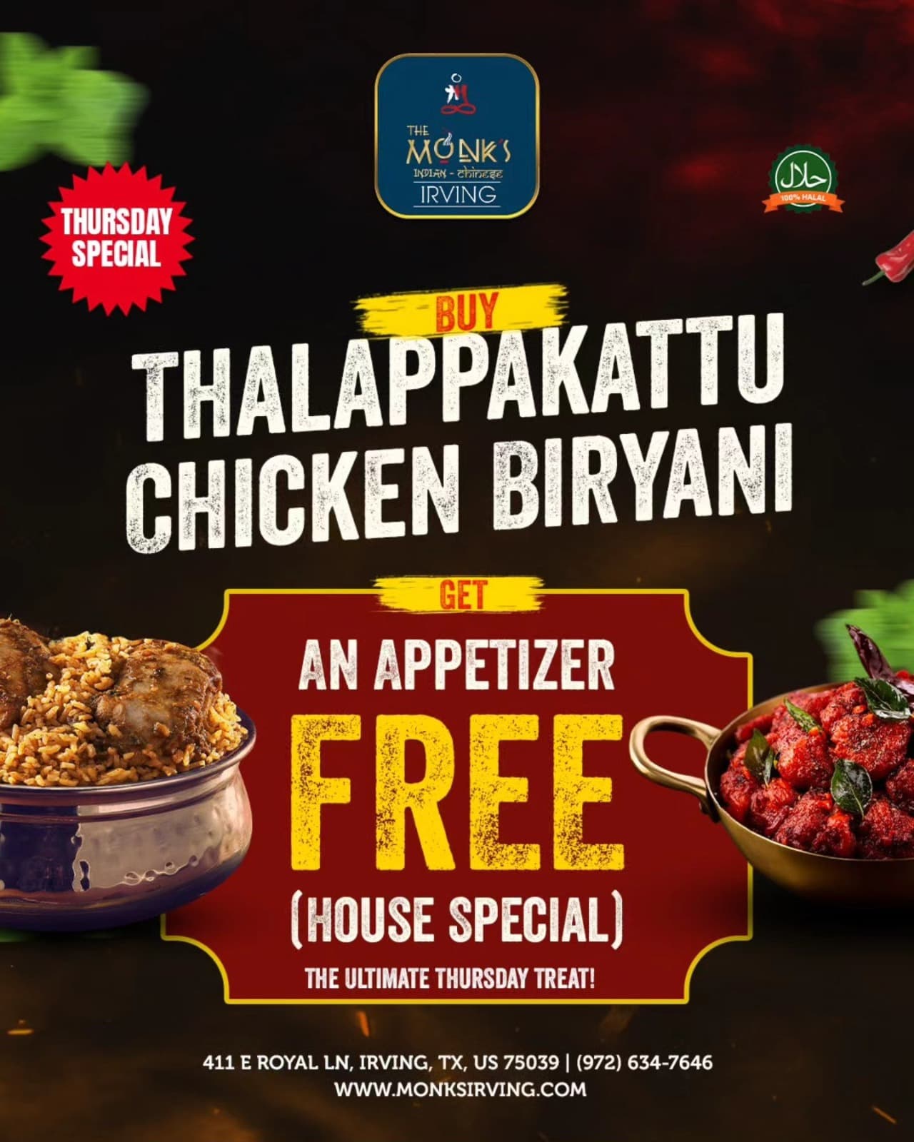 Buy Thalappakattu Chicken Biryani, Get an Appetizer Free (House Special) - Thursday Special