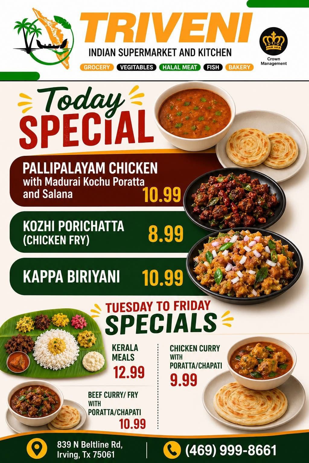 Today's Specials and Tuesday to Friday Specials including Pallipalayam Chicken combo, Kozhi Porichatta, Kappa Biriyani, Kerala Meals, and curry combos starting from $8.99.