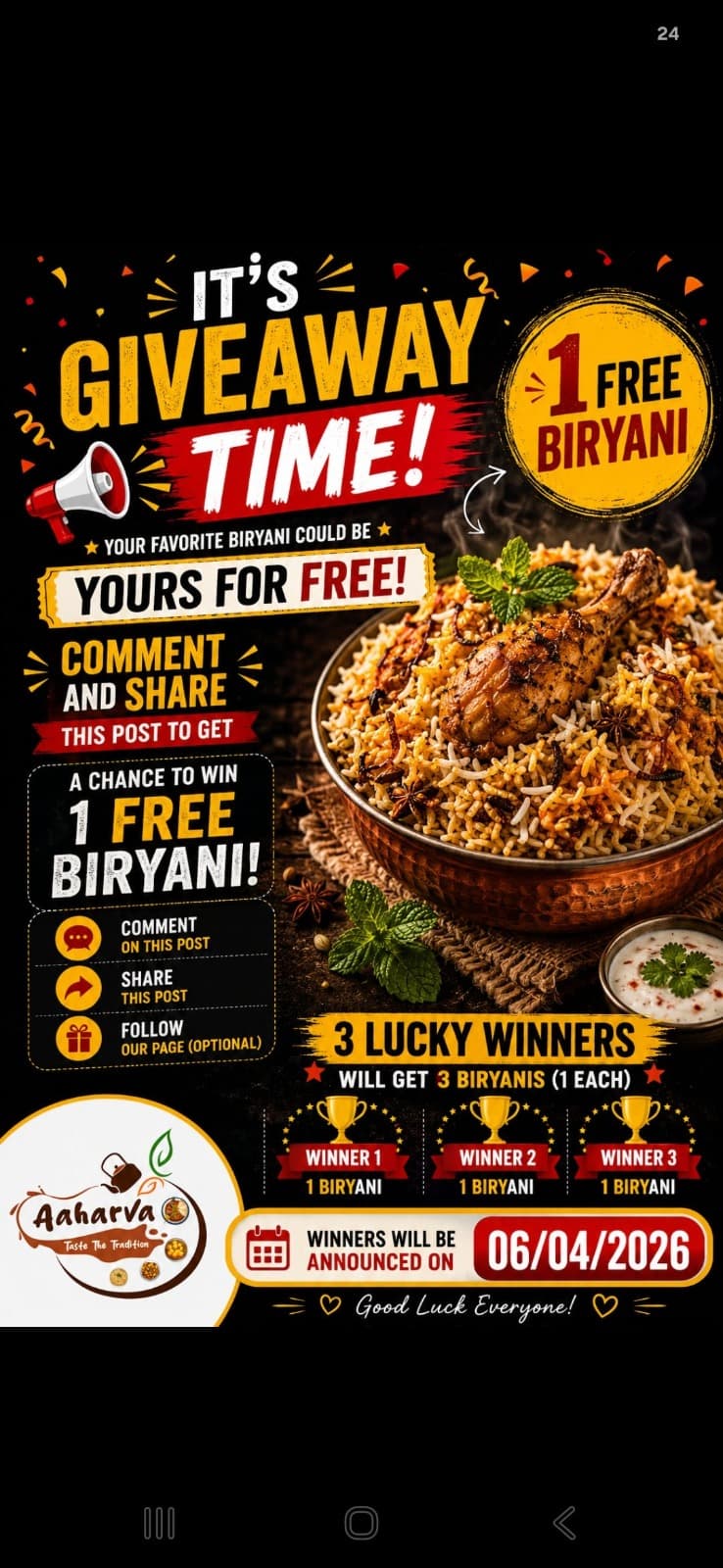 Comment and share the post for a chance to win 1 of 3 free Biryanis. Winners announced on 06/04/2026.