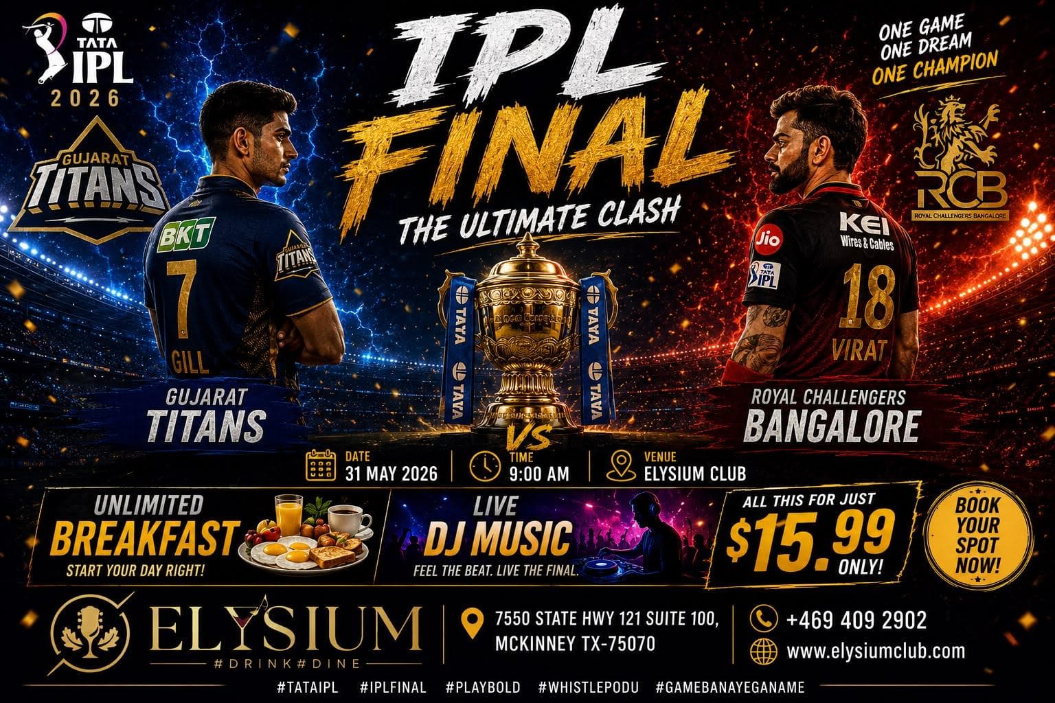 Unlimited Breakfast and Live DJ Music during the IPL Final clash for $15.99