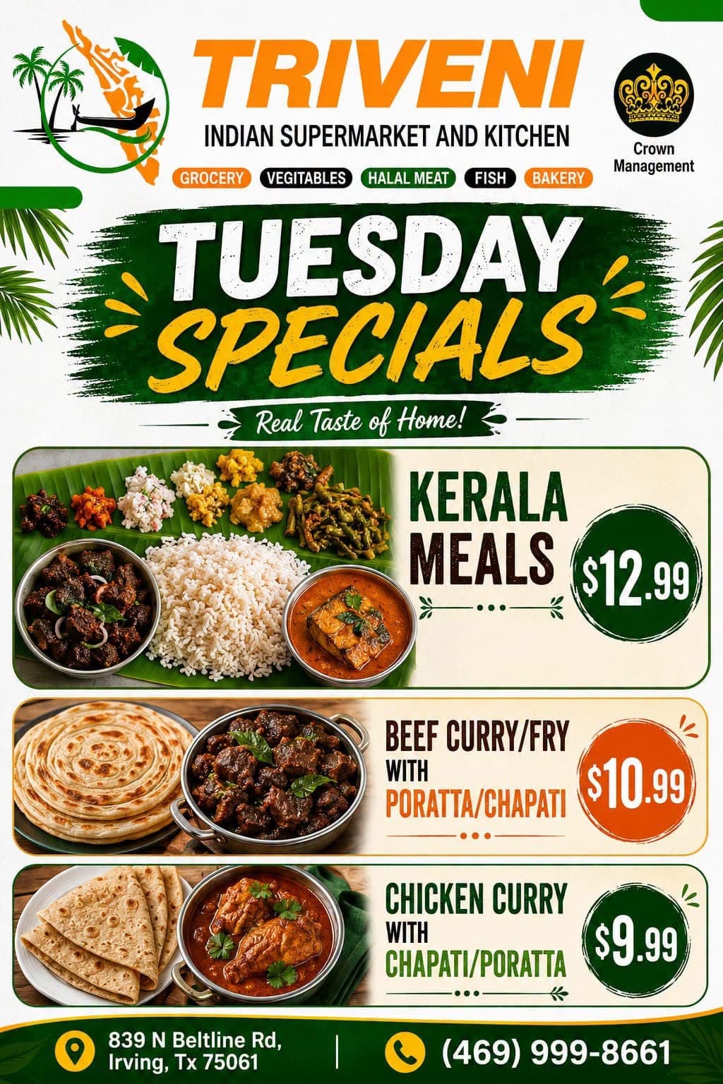 Tuesday Specials featuring Kerala Meals for $12.99, Beef Curry/Fry with Poratta/Chapati for $10.99, and Chicken Curry with Chapati/Poratta for $9.99.