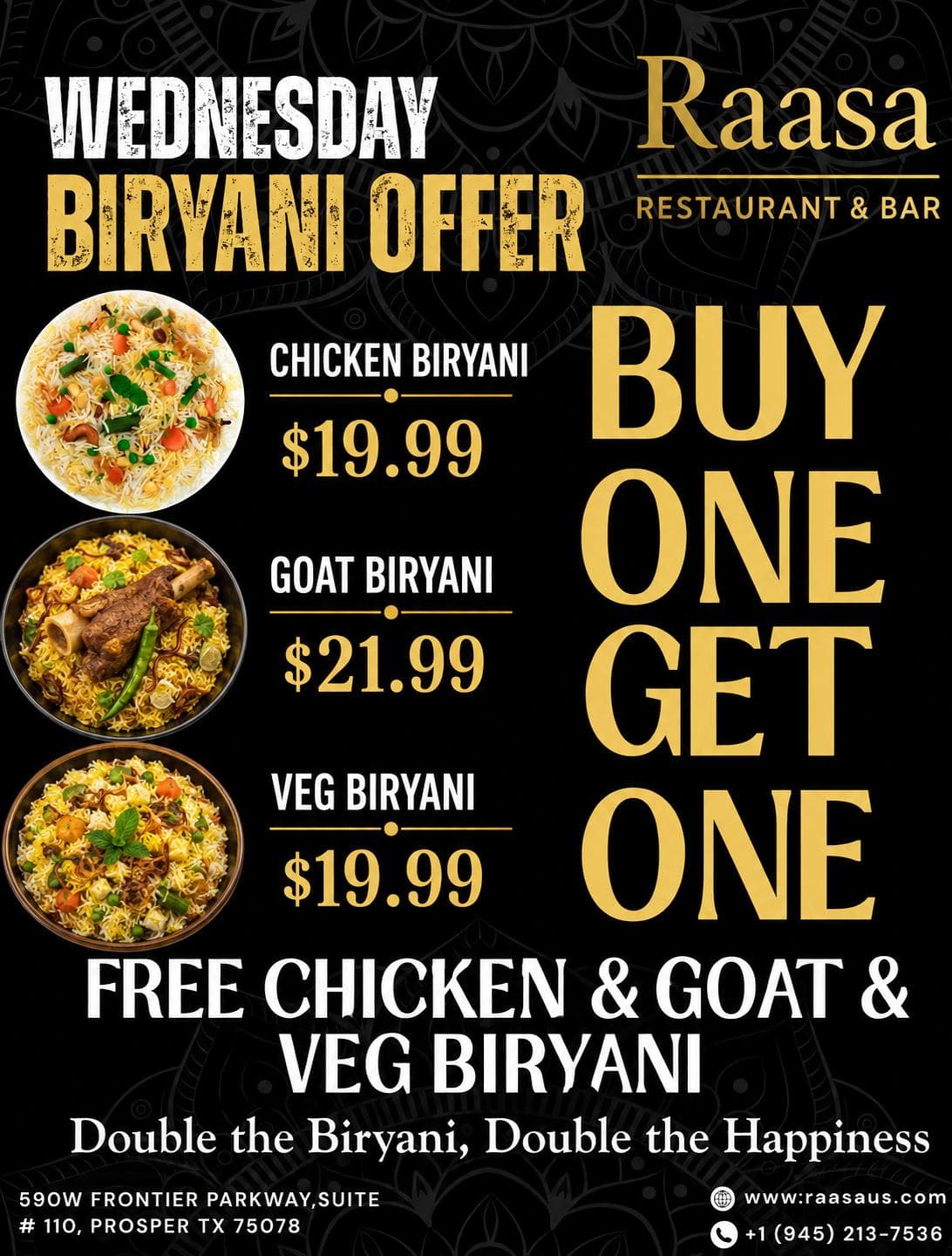 Wednesday Biryani Offer: Buy One Get One Free Chicken, Goat, and Veg Biryani