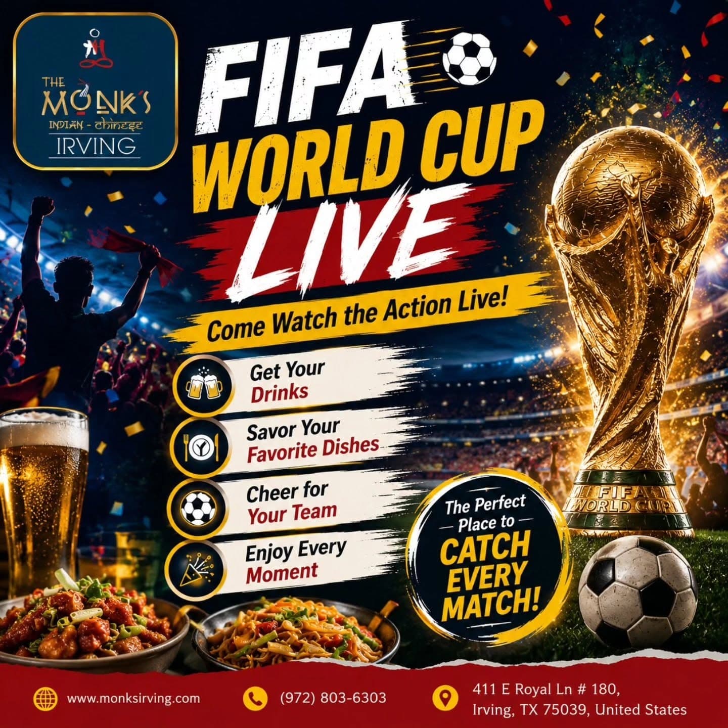 Watch FIFA World Cup Live with drinks and dishes at The Monk's Irving.