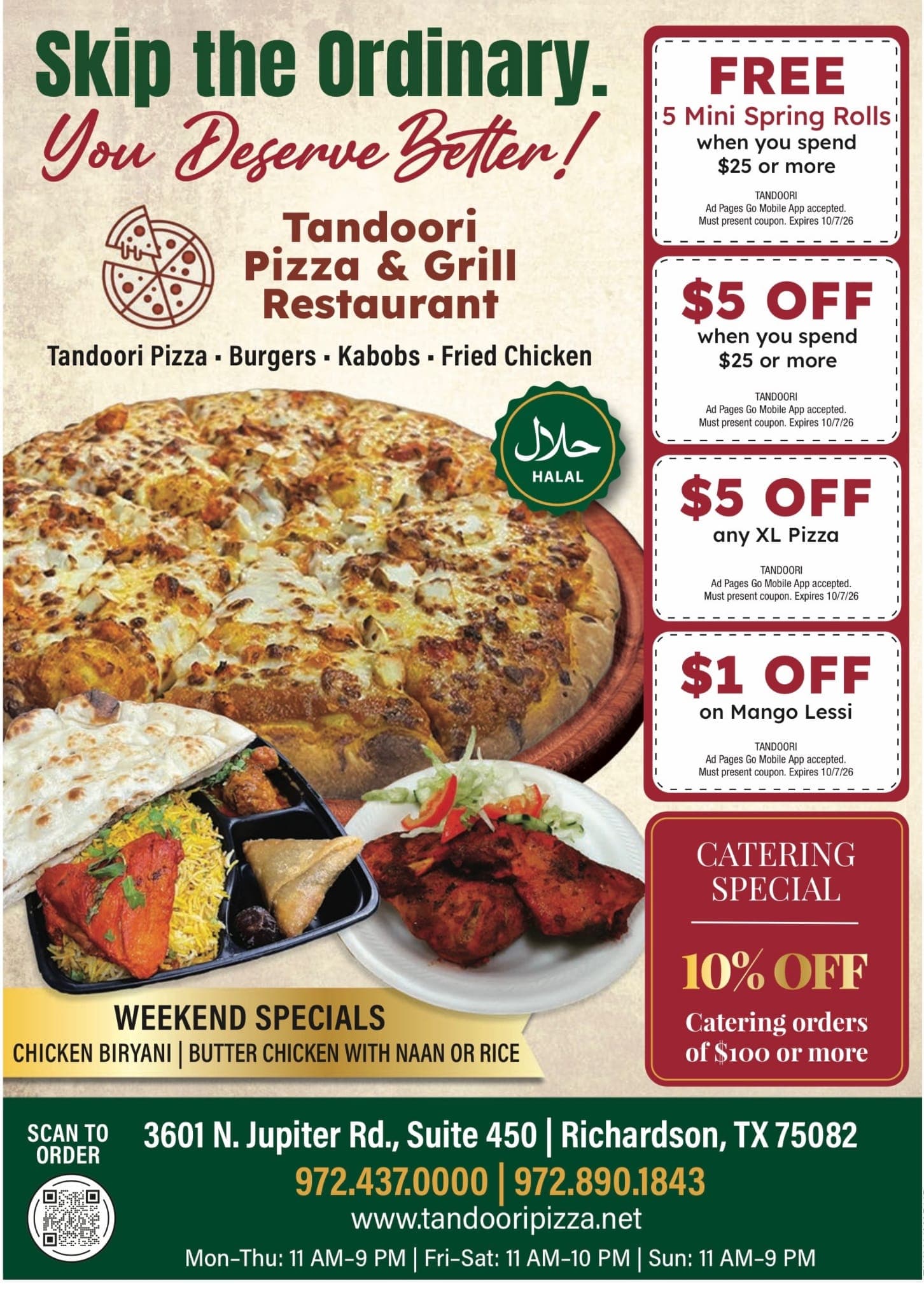 Multiple coupon offers including Free 5 Mini Spring Rolls on orders of $25+, $5 off on orders of $25+, $5 off any XL Pizza, $1 off Mango Lassi, 10% off catering orders of $100+, and Weekend Specials on Chicken Biryani and Butter Chicken.