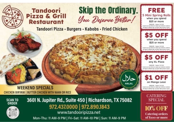 Weekend specials on Chicken Biryani and Butter Chicken, plus coupons: Free 5 Mini Spring Rolls with $25+ purchase, $5 off $25+ purchase, $5 off any XL Pizza, $1 off Mango Lassi, and 10% off catering orders of $100+.